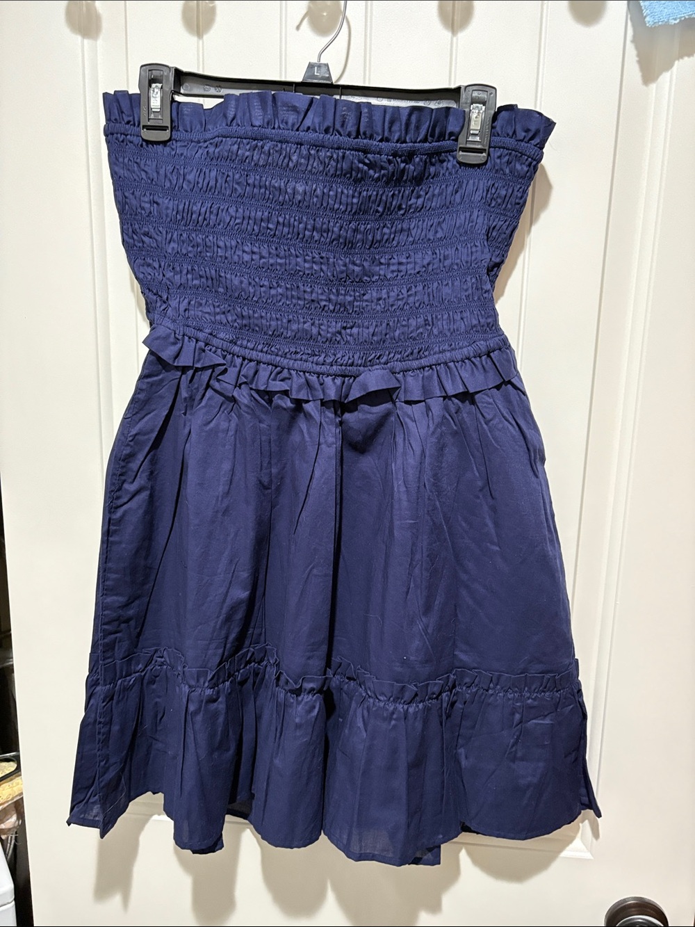 VENUS Brand New Navy Smocked Strapless Ruffled Dress